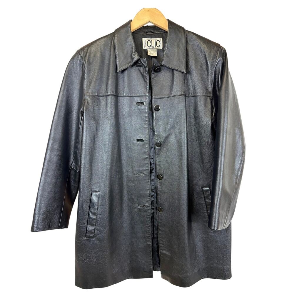 Clio Black Genuine Leather Button Up Pocket Longline Jacket Coat Size Medium